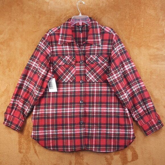 AQUA Womens Jacket XL Red Flannel Plaid Button Up Heavyweight Shaket - Picture 2 of 7